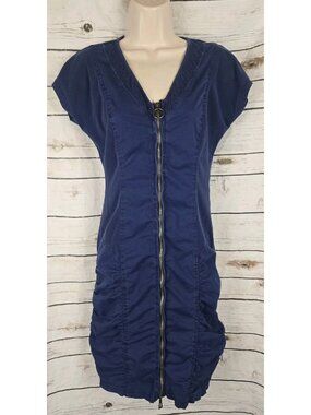 XCVI Wearables Blue Ruched Dress Size  XS Full Zip Womens Cotton Blend Short Slv